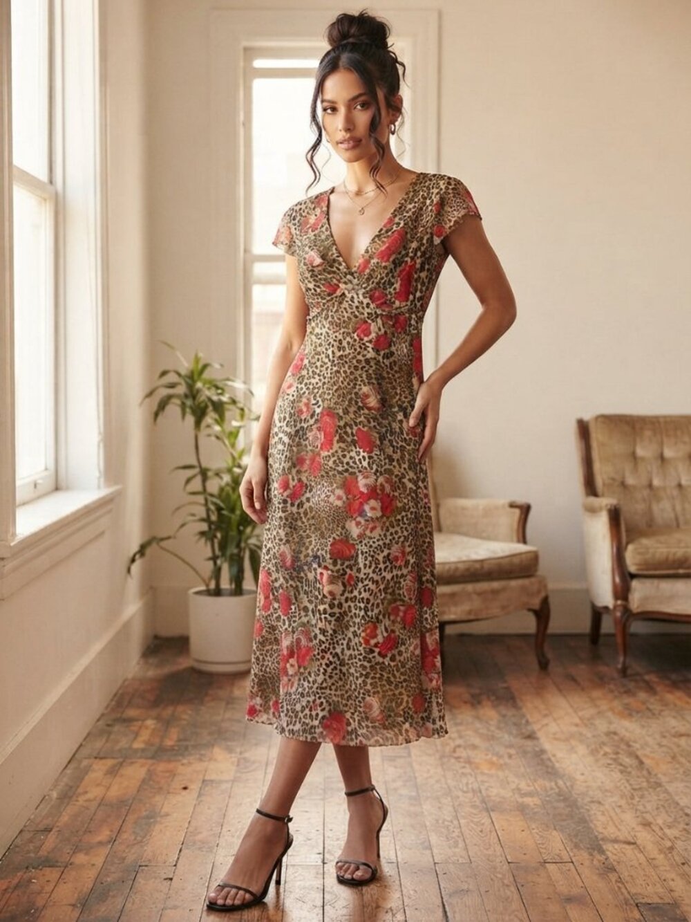 VTG Lisa Jo Leopard Red Rose Floral Midi Dress V-Neck Y2K 90s Whimsigoth 8